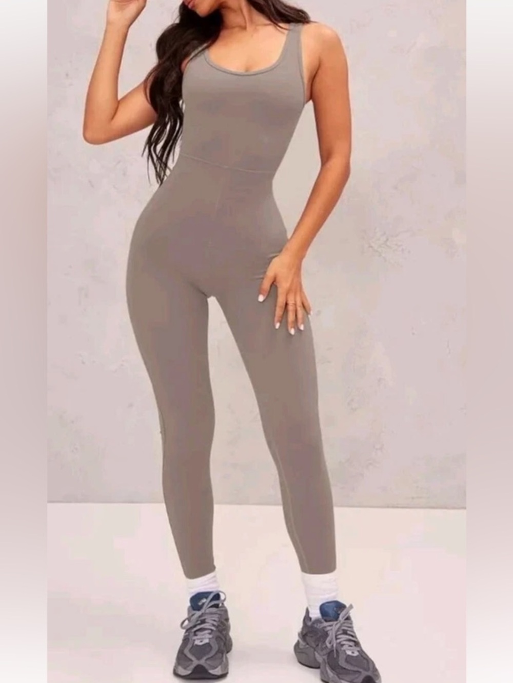 Adreamly Taupe Unitard Jumpsuit Sleeveless Scoop Neck L NWT